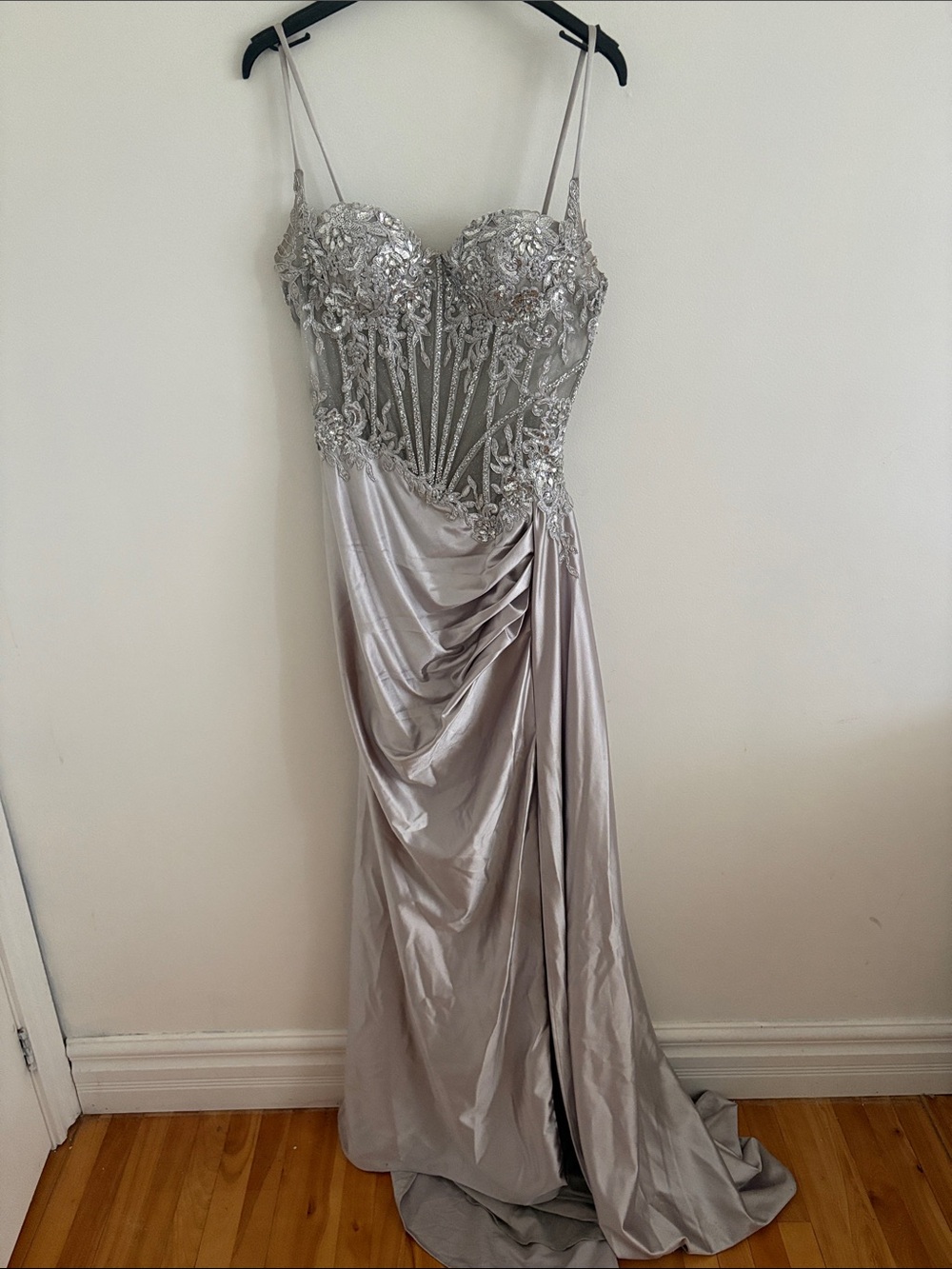 Silver Embellished Spaghetti-Strap Prom Dress (WORN ONCE)